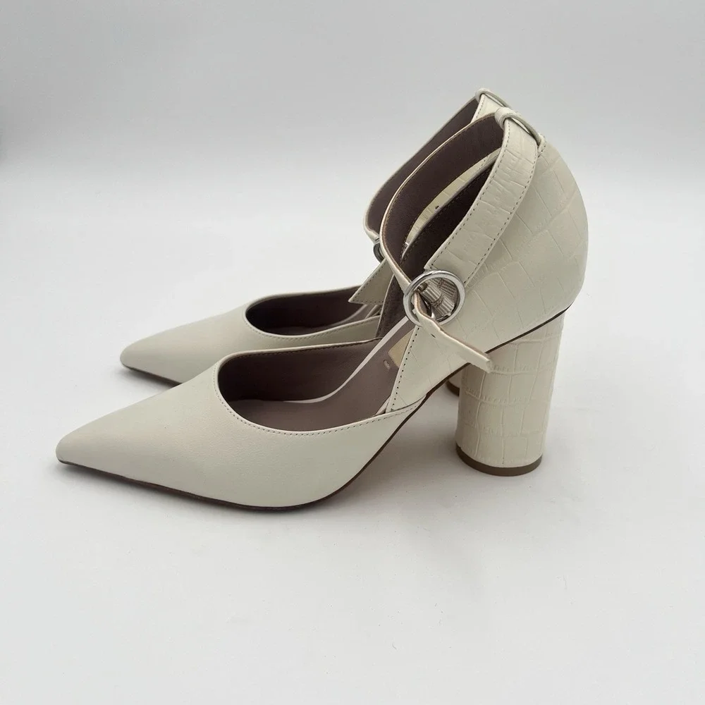 DELTAN Women's Cream Ivory Pointed Toe Ankle Strap Block Heel Shoes Size 7
